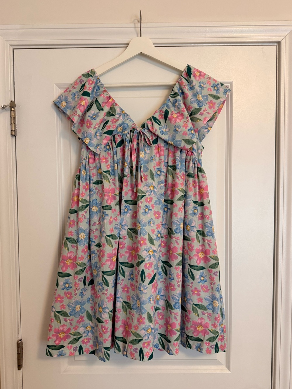 Blue Pink Floral Babydoll Mini Dress Ruffle Sleeve Pockets NWT